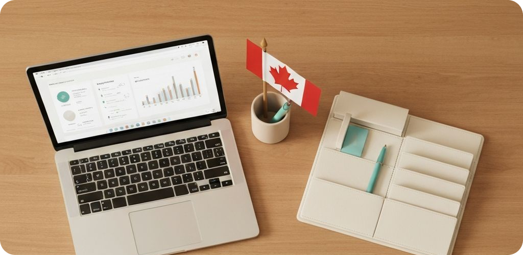 A clean professional Canadian bookkeeping workspace with organized tools and a laptop dashboard