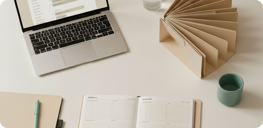 Organized bookkeeper workspace with a clean dashboard, folders, and planner