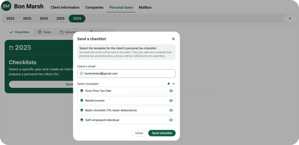 Capture d'ecran d'envoi de liste de controle
