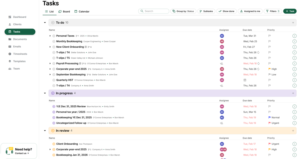 Capture d'ecran du tableau de bord de la section Taches