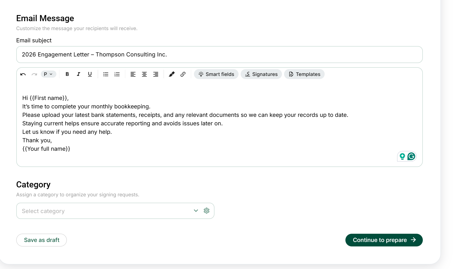 Review email message before sending a signing request