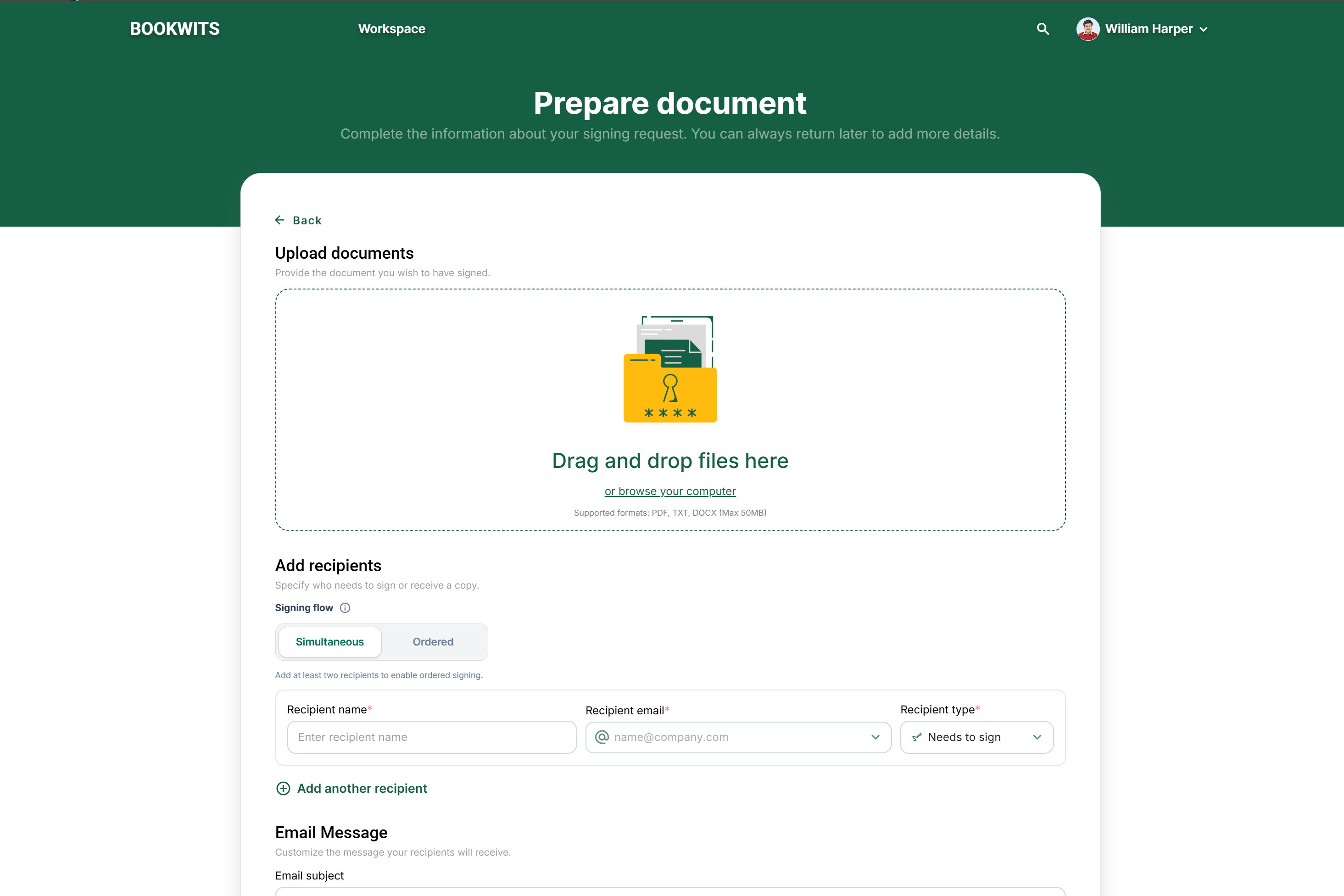 Create a new signing request in Bookwits Sign