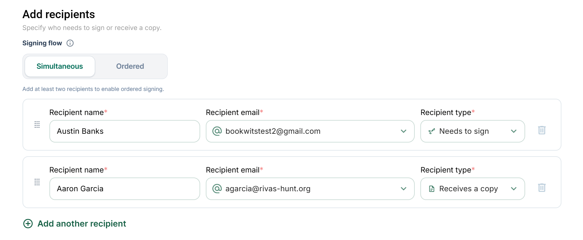 Add recipients to a signing request