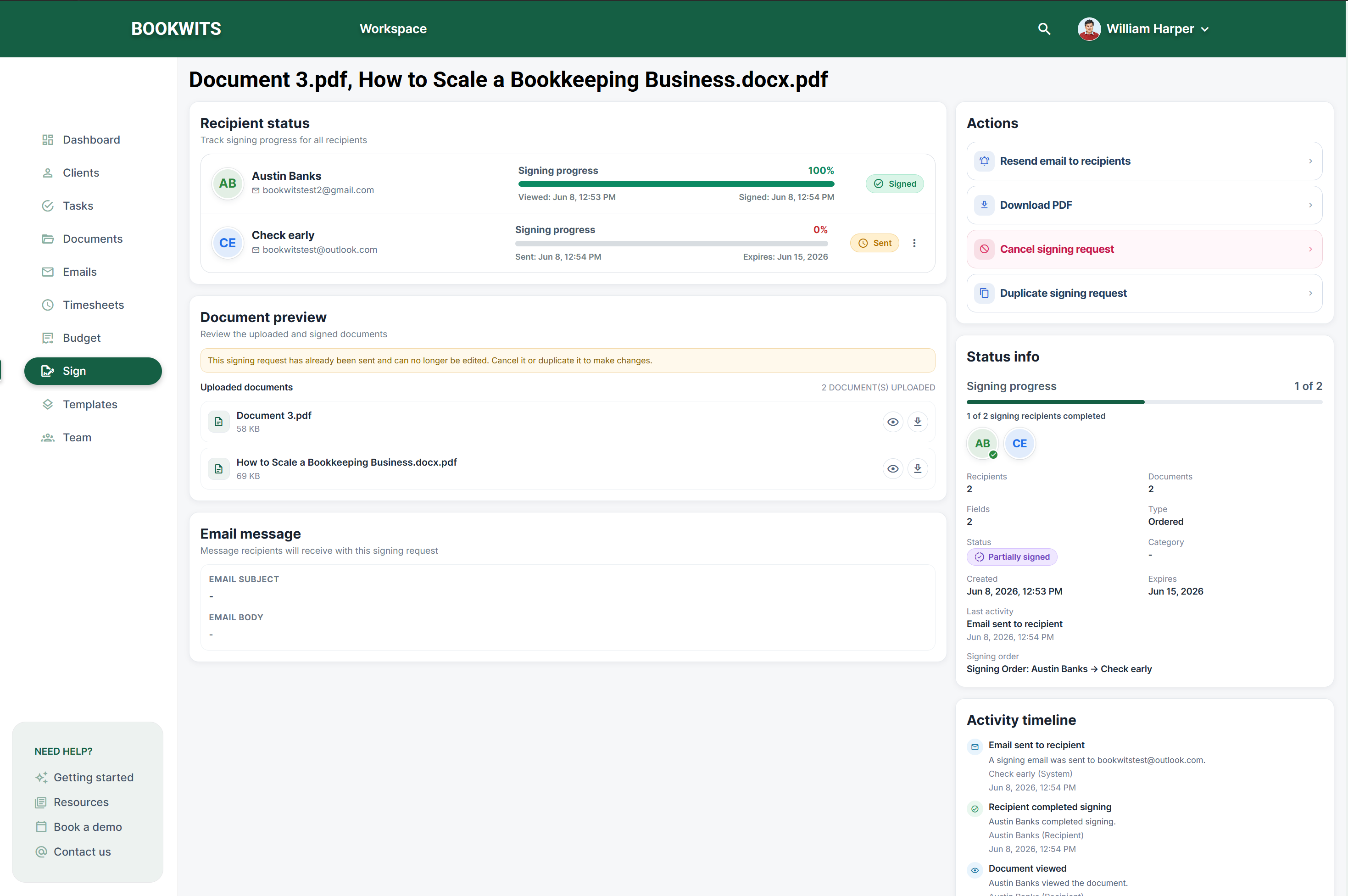 Signing request activity and audit log